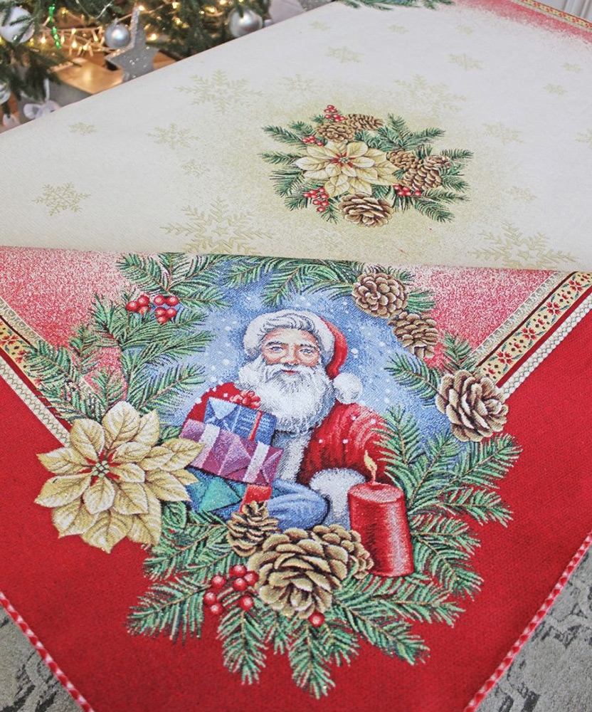 Круглая новогодняя скатерть Vingi Ricami Santa Klaus 22 Ø180 гобелен